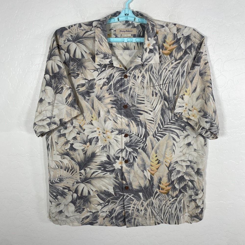 Tommy‎ Bahama Shirt Mens XL Beige Silk Hawaiian Camp Floral Palms Island Beach